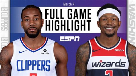 Match Details. Fixture: LA Clippers vs Washington Wizards - NBA Season 2020-21.. Date & Time: Thursday, March 4th, 2021; 7:00 PM PM ET (Friday; 5:30 AM IST).. Venue: Capital One Arena, Washington ...